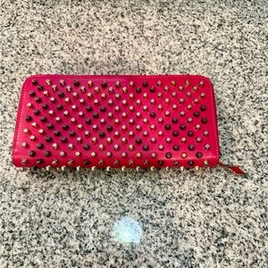 Christian Louboutin Grained Calf Leather Spikes Pink/Red Leather Long Wallet